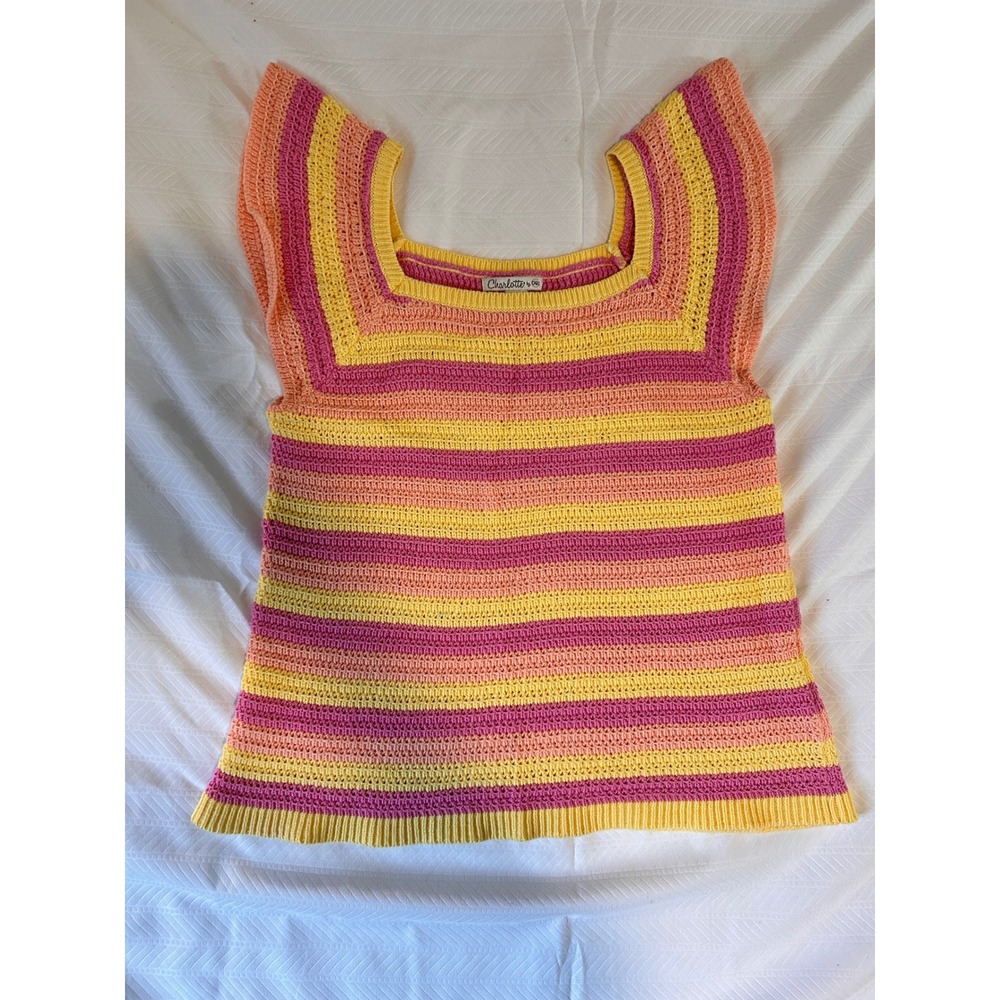 Charlotte by Cato kids 18 XL Pink Yellow Striped Cotton Crochet Knit Flutter Top